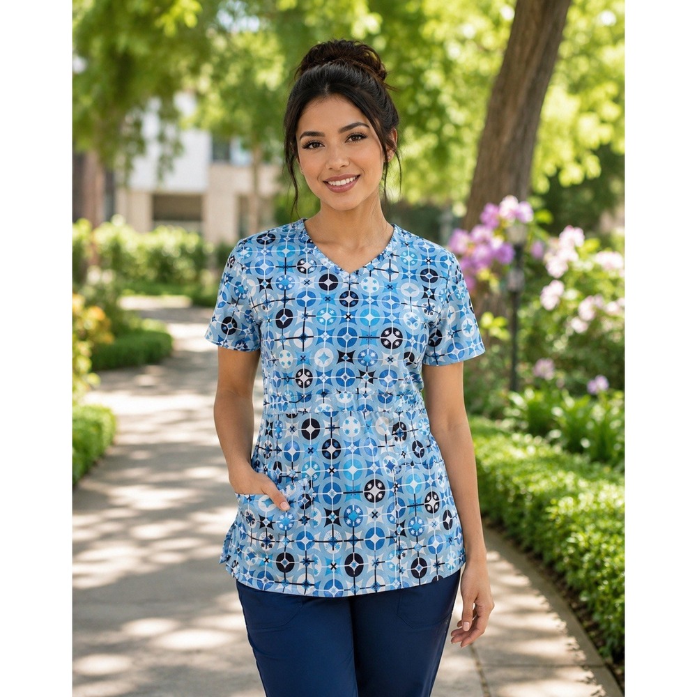 Black Star Women Blue Geometric Print Scrub Top V-Neck Empire Waist 720 XS NEW